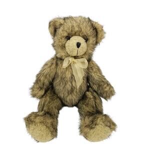 Goffa International Tan Black Frosted Tan Bear Plush Stuffed Animal Yellow Bow